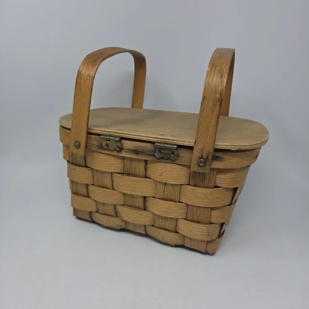 Vtg Double Handle Picnic Basket Hinged Lid Basketville Putney Vermont 10”x10”x7